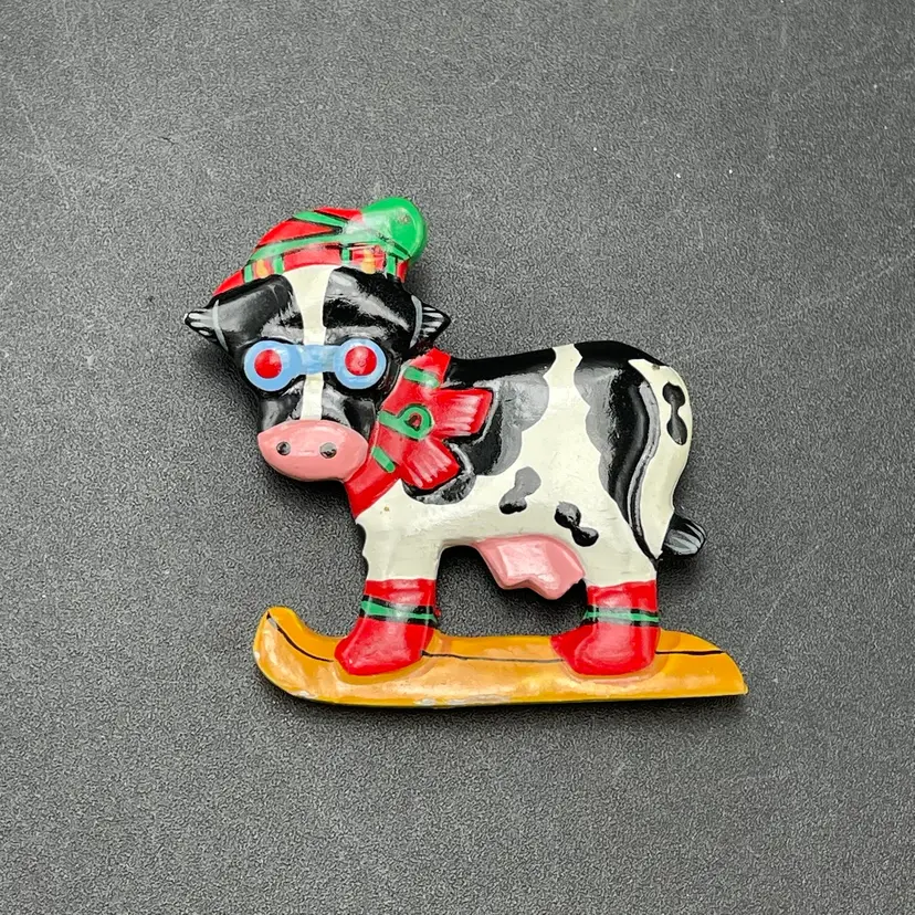 Sledding Cow Lacquered Wooden Brooch Pin Whimsical Jewelry Christmas Winter Holiday Farm
