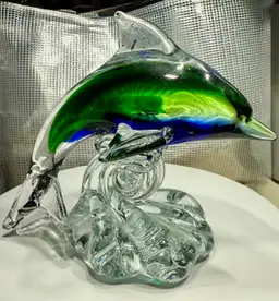 Hand Blown Art Glass Dolphin Sculpture- Green, Blue, Clear Figurine On Wave Base