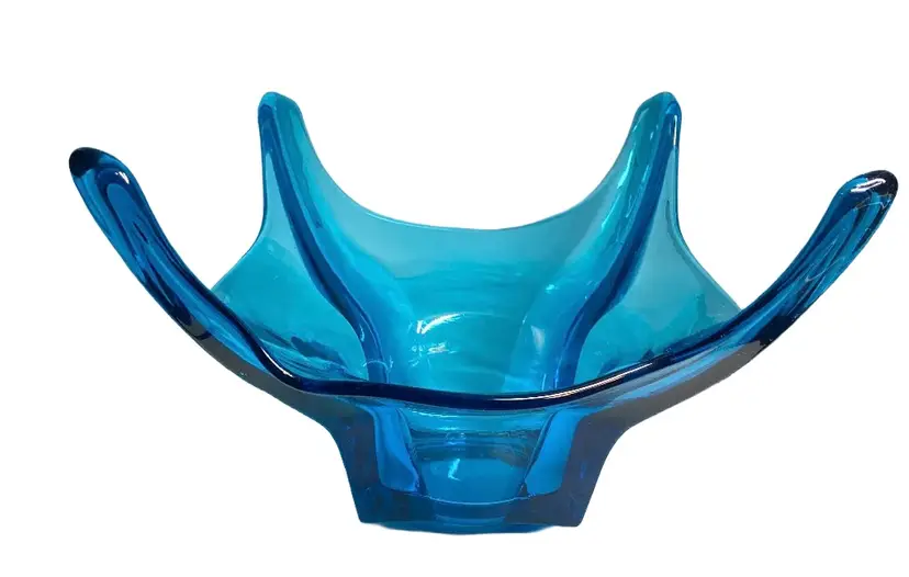 Vintage LE Smith 4 Finger Swung Art Glass Bowl Bluenique  or Colonial Blue