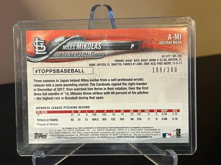 2018 Topps Holiday Certified Autograph Miles Mikolas 188/200 Cardinals Rookie Card