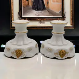 Westmoreland Milk Glass Paneled Grape Skirted Gold Accents Candle Holders Pair