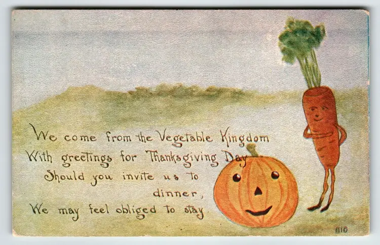 Thanksgiving Day Postcard Fantasy Anthropomorphic Carrot Man JOL Pumpkin Owen