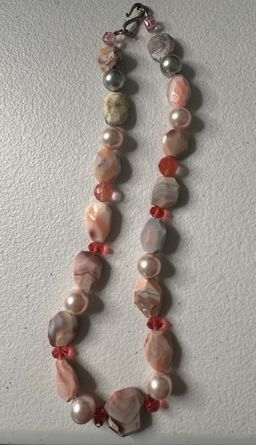 Natural Stone & Glass Pink Necklace With Hook Closure