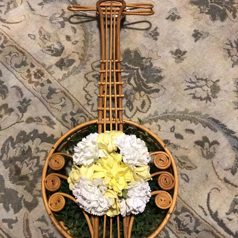 Vintage Rattan Wicker Hand-Crafted Banjo Guitar Wall Art Folk Art