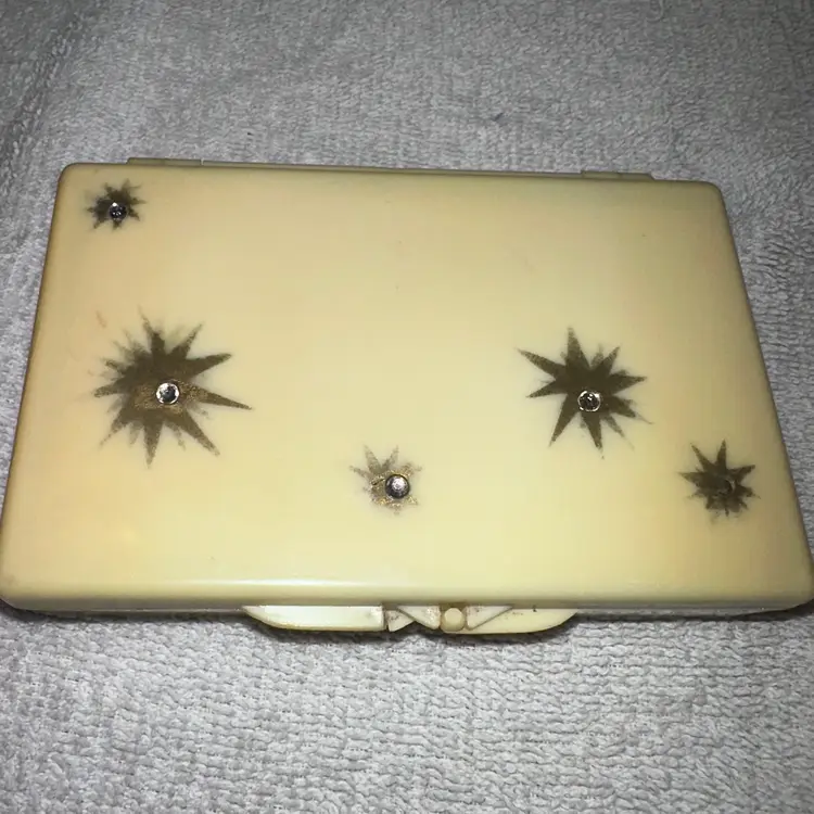 Vintage Plastic Hinged Mirrored Tissue Holder Atomic Pattern Hong Kong