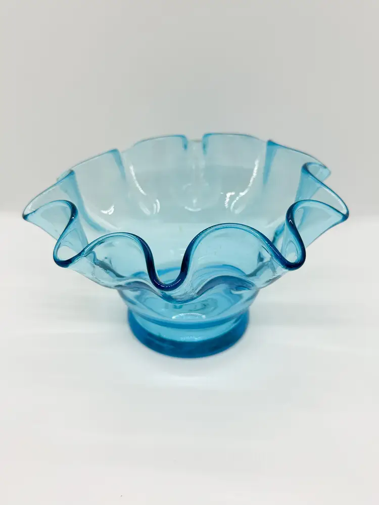 Handblown Glass Bowl Ruffle Edge Blue Candy Dish Aqua Vase Planter Handmade