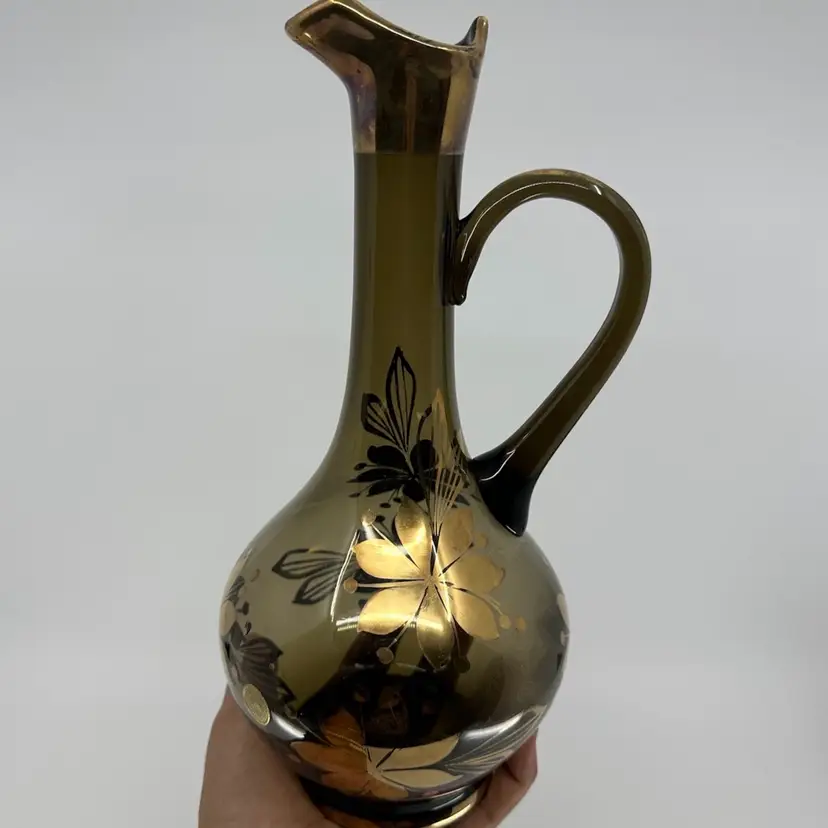 Vintage Romanian MCM Smoke & Gilt Decanter Gold Roses No Stopper Pitcher