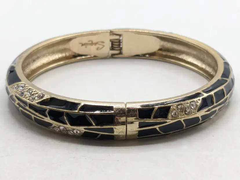 Sequin Gold Tone Black Enamel and Rhinestone Hinged Bangle Bracelet NWOT