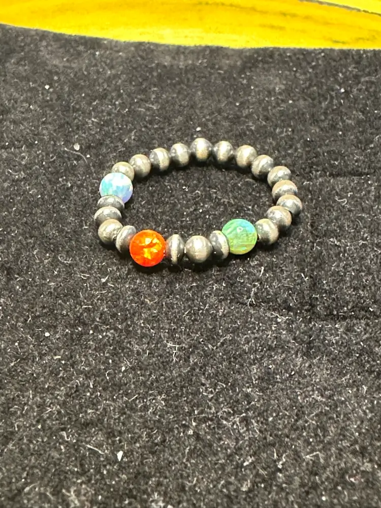 Southwestern Sterling Silver 925 Desert Pearls with Blue, Green, & Fire Opal Stones Stretch Sz Adjustable