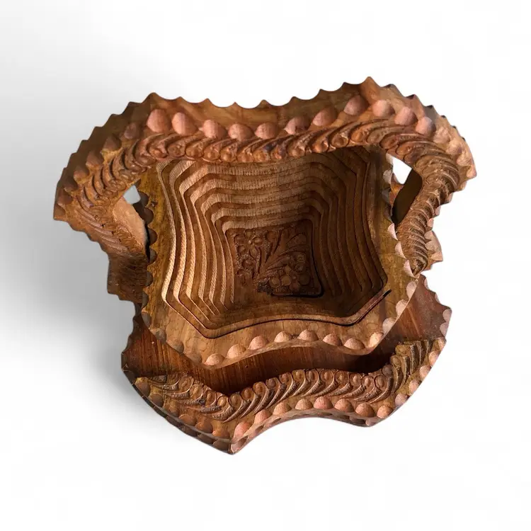 Wooden Hand Carved Collapsible Bowl Or Basket