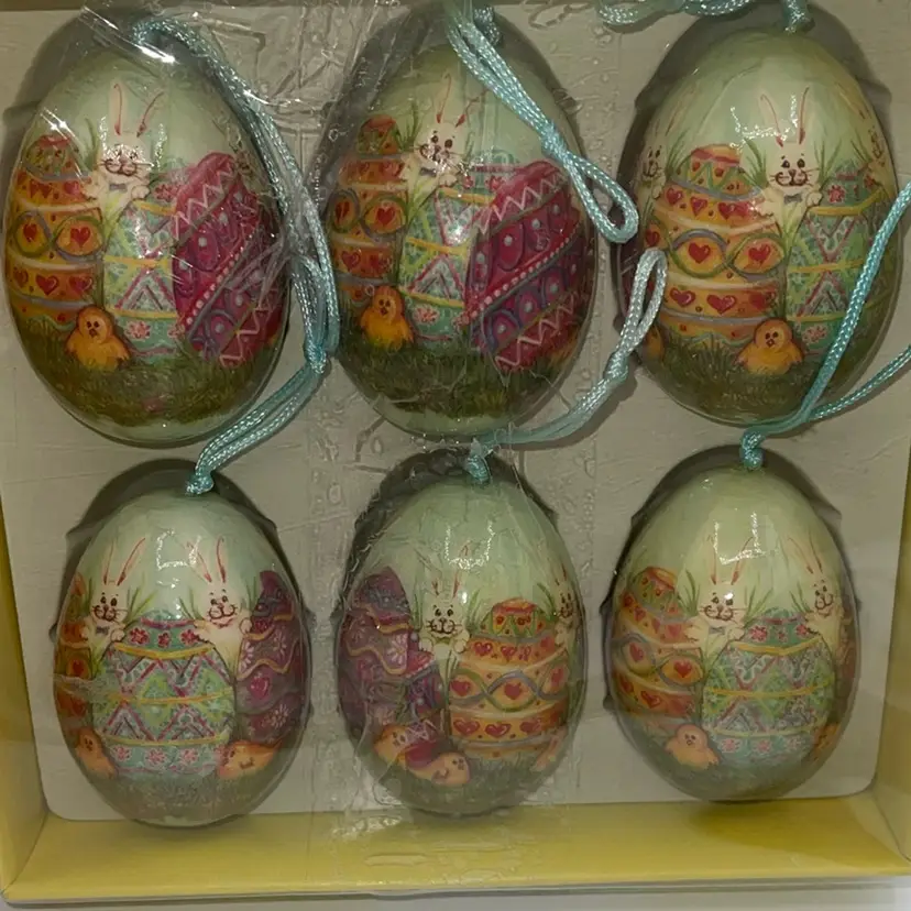 Easter Egg Ornaments Set Of 6 New In Box Chicks Bunnies Decorated Eggs