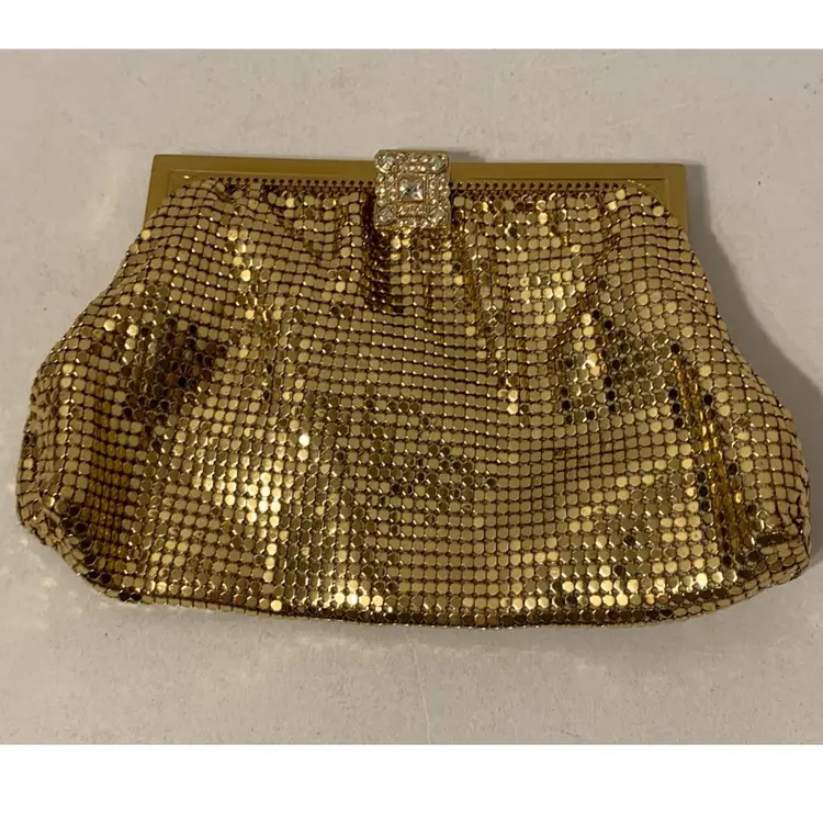 VTG Whiting & Davis 2638 Frame Gold Mesh Evening Bag w Jeweled Clasp