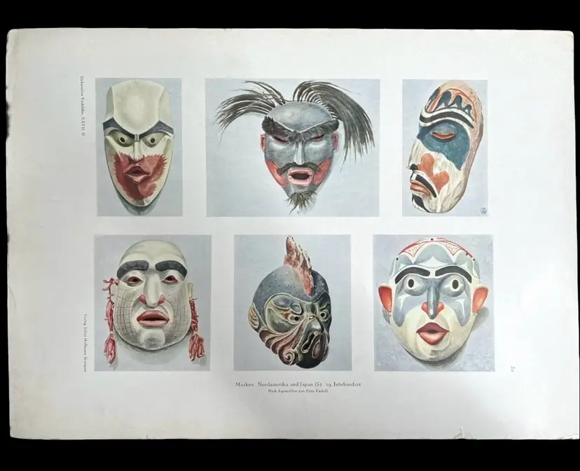 Antique Print North America and Japan Masks Dekorative Vorbilder XXVII READ