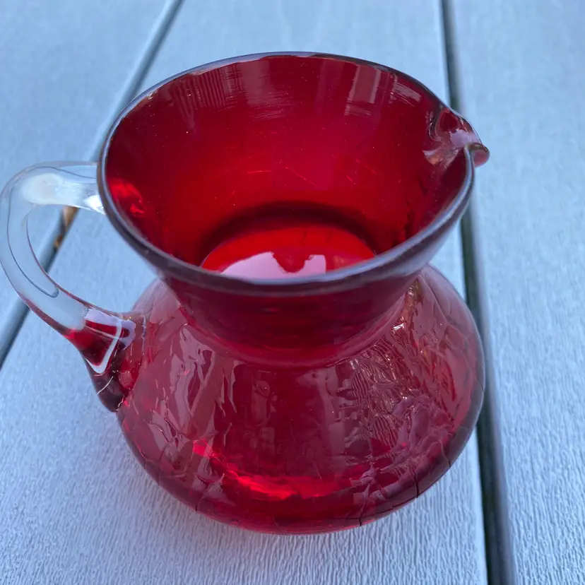 VINTAGE RUBY RED MINI CRACKLE GLASS PITCHER (or creamer or vase) WITH CLEAR HANDLE