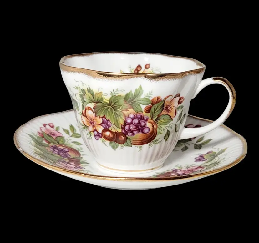 RARE VINTAGE ROYAL MINSTER TEA CUP AND SAUCER FINE BONE CHINA FLOWERS AND FRUITS