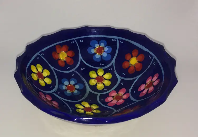 2" Tall Pottery Bowl with Flowers and Gold Flakes 5" wide.