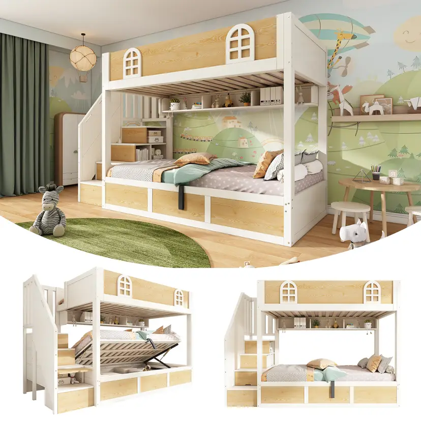 Bunk Beds For Kids, Staircase Bunk With Storage Cube, Children's Bed With Hydraulic Storage, Double Bed High Sleeper For Family With Multiple Children, 90 X 190 Cm, Solid Wood, White & Natural