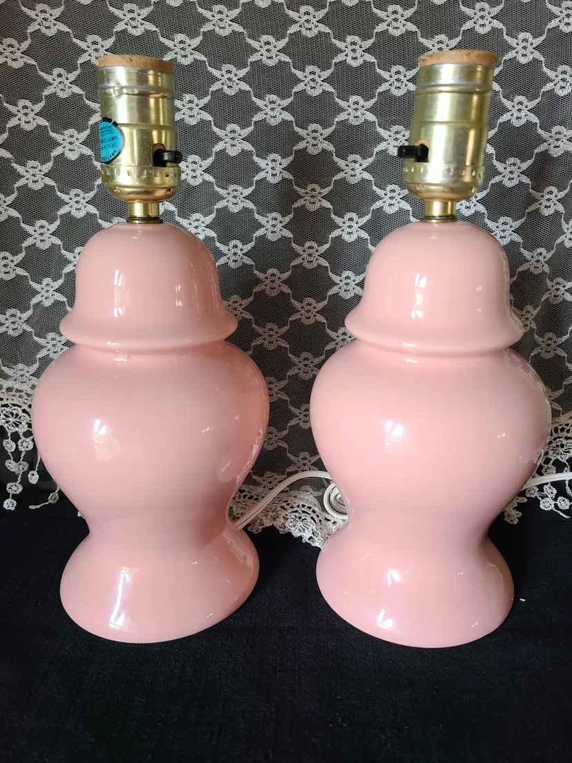 Pair of 10.5" Vintage 80s Decor Ginger Jar Accent Table Lamps Dusty Pink