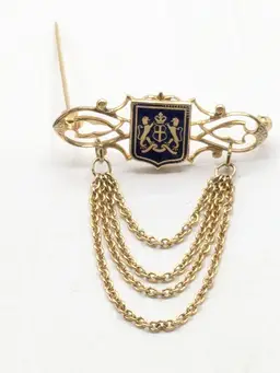 Vintage Gold Tone Blue Crest Brooch with Chain Drape Jewelry