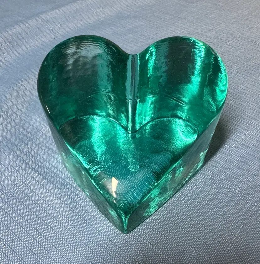Fire & Light Aqua Heart Large 3.5” Recycled Art Glass Paperweight Signed