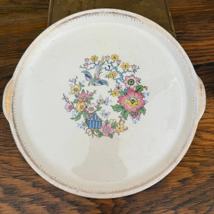 Vintage Cronin China Handled Plate with Chinoiserie Bird & Floral Wreath | 10.5” Serving Tray | Minerva Ohio Union Mark 1930s