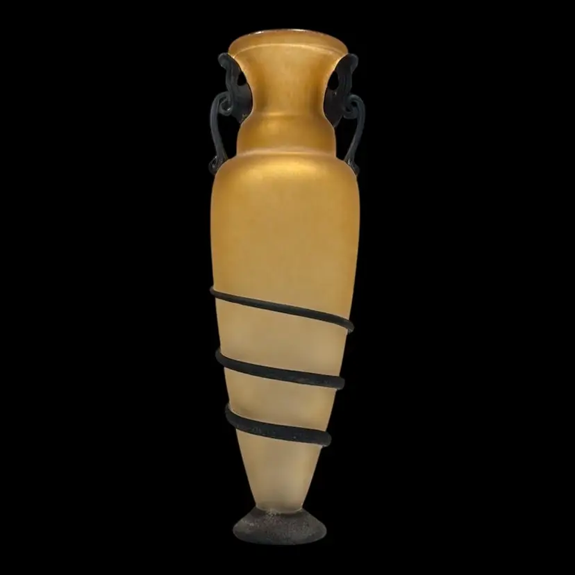 Vintage Murano 17” Tall Scavo Amphora Double Handle Vase Gold w/ Navy Applied Threading