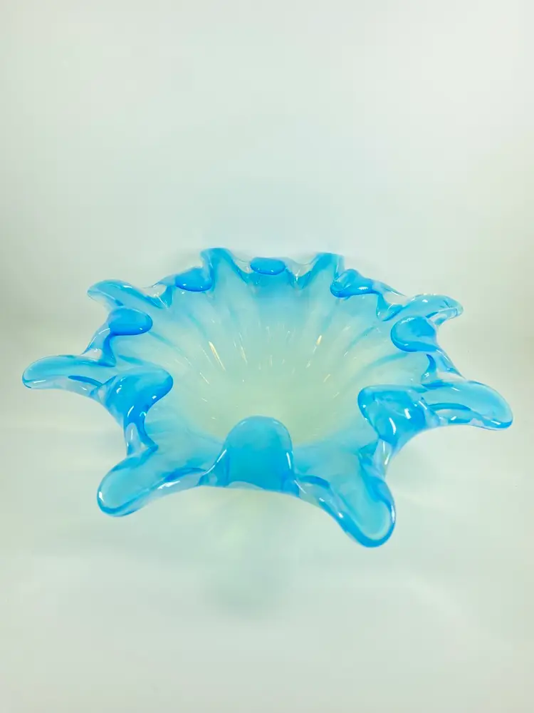 Vintage Art Glass Opalescent Blue White Fingers Bowl