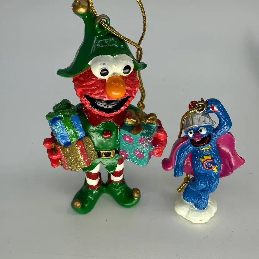 Kurt Adler Elmo Dressed as Elf with Presents & Grover Ornaments Sesame Street Workshop