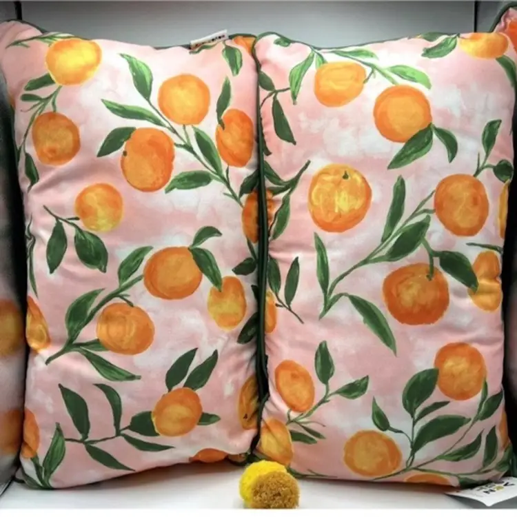 Novogratz Peach Fruit Pillow Set Of 2 Rectangle Pom Zip Water Resistant 20" NEW