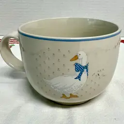 Vintage Tienshan white goose blue bow large stoneware mug