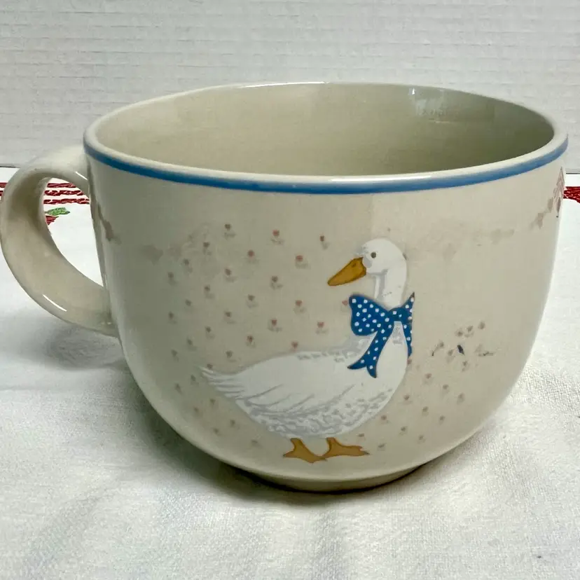 Vintage Tienshan white goose blue bow large stoneware mug