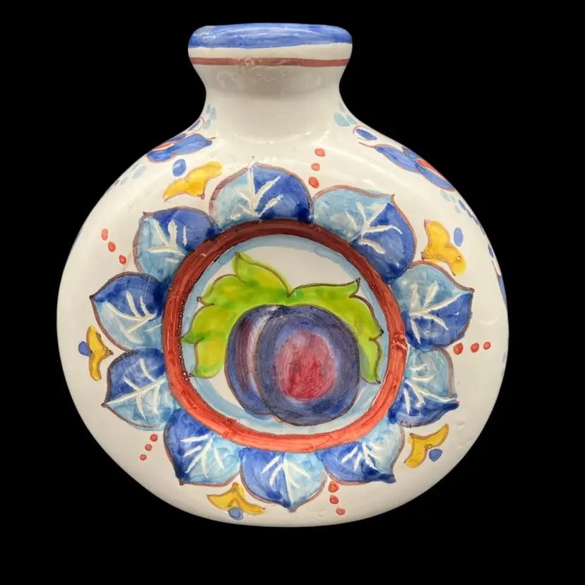 BIN - Cottura Pottery Vase Bottle Hand Painted Floral Fruit Plums Italy 5"