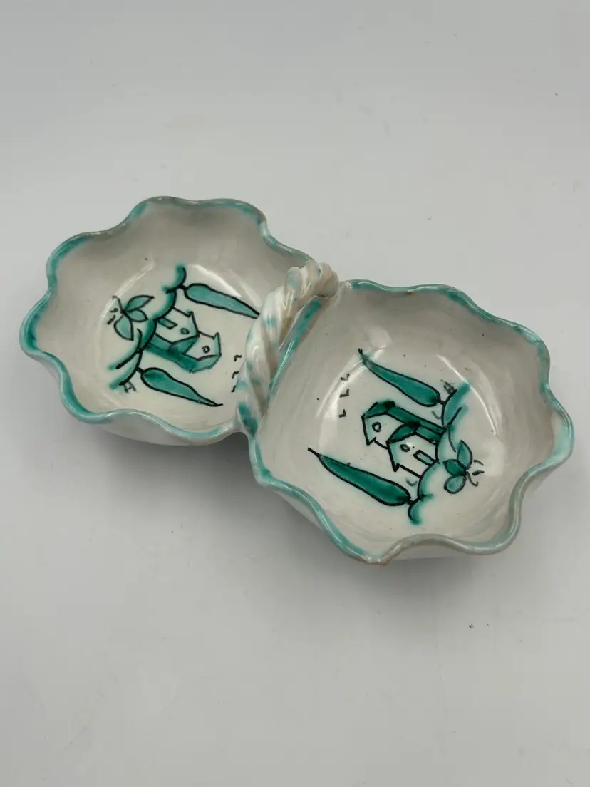 Vintage Hand Painted Italy Ceramic Divided Dish With Handle