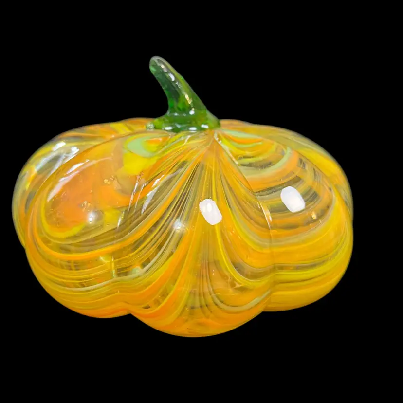 Art Glass Swirly Twirly Orange, Green, Yellow & Clear Pumpkin w/ Applied Green Stem