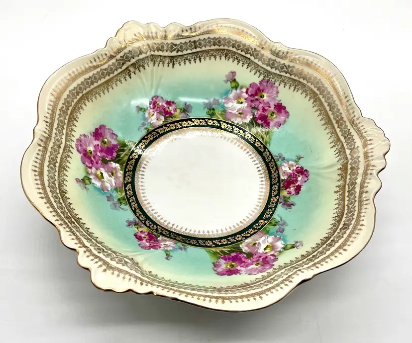 Antique Eleanor China Austria Teal And Pink Bowl Scalloped Gold 