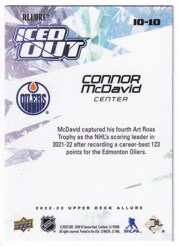 2022-23 Upper Deck Allure Iced Out #IO10 Connor McDavid Edmonton Oilers Hockey Card