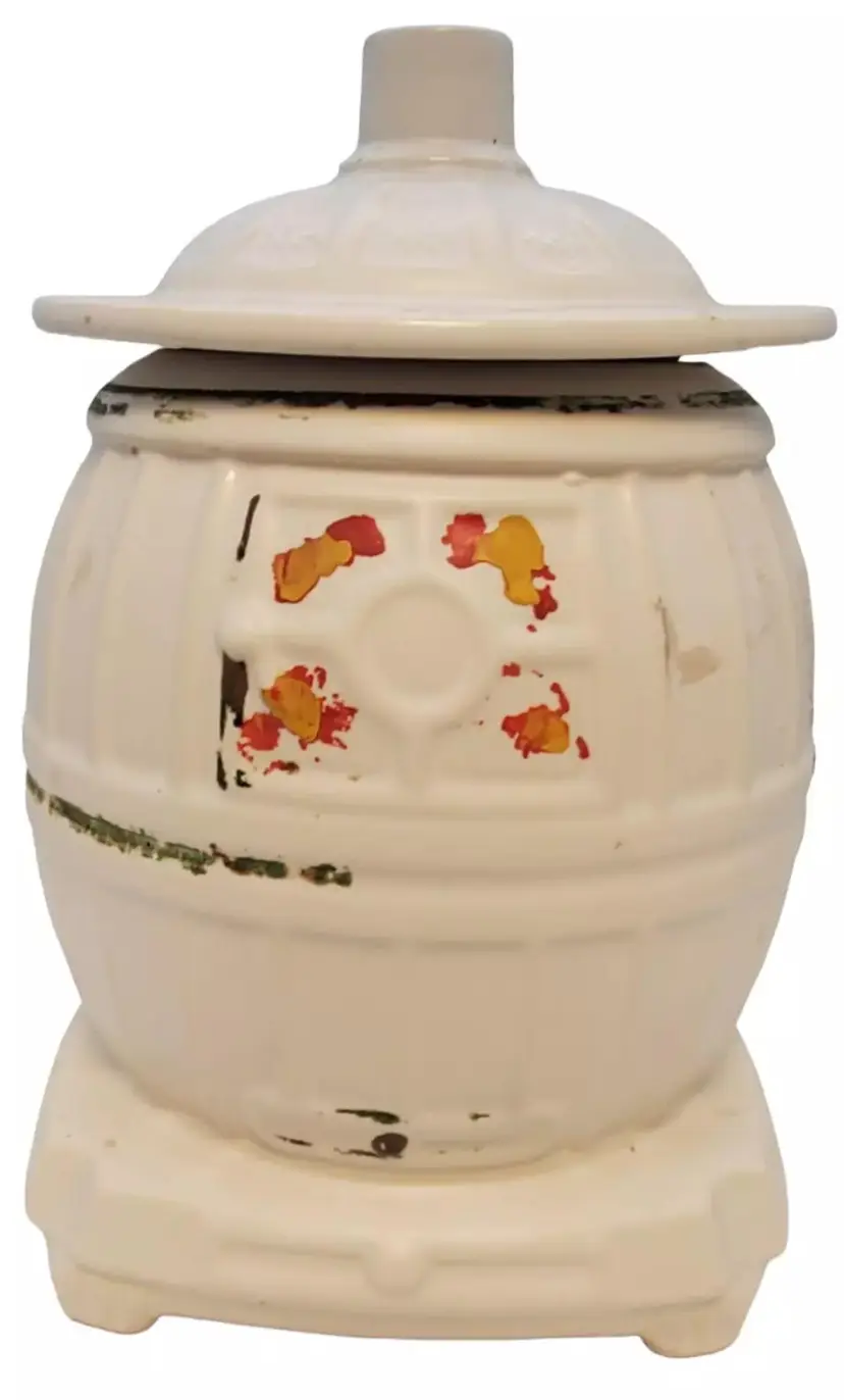 Vintage McCoy Pottery White Pot Belly Stove Cookie Jar, USA Moderate Paint Loss