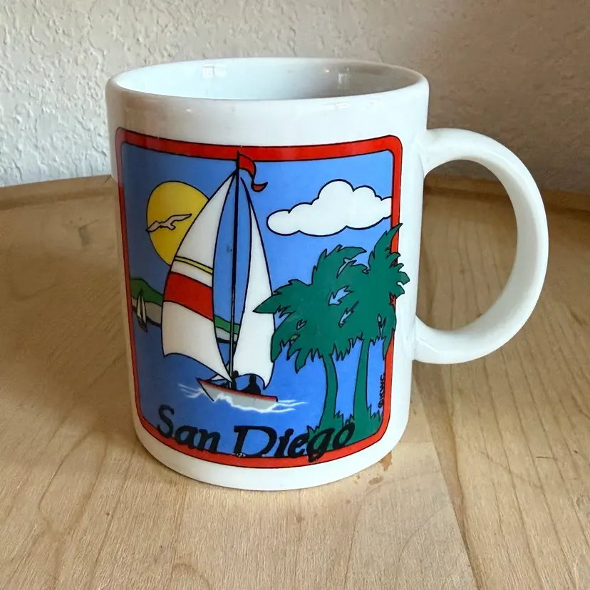 Vintage 80s San Diego Sailboat Travel Souvinr Novelty Coffee Mug