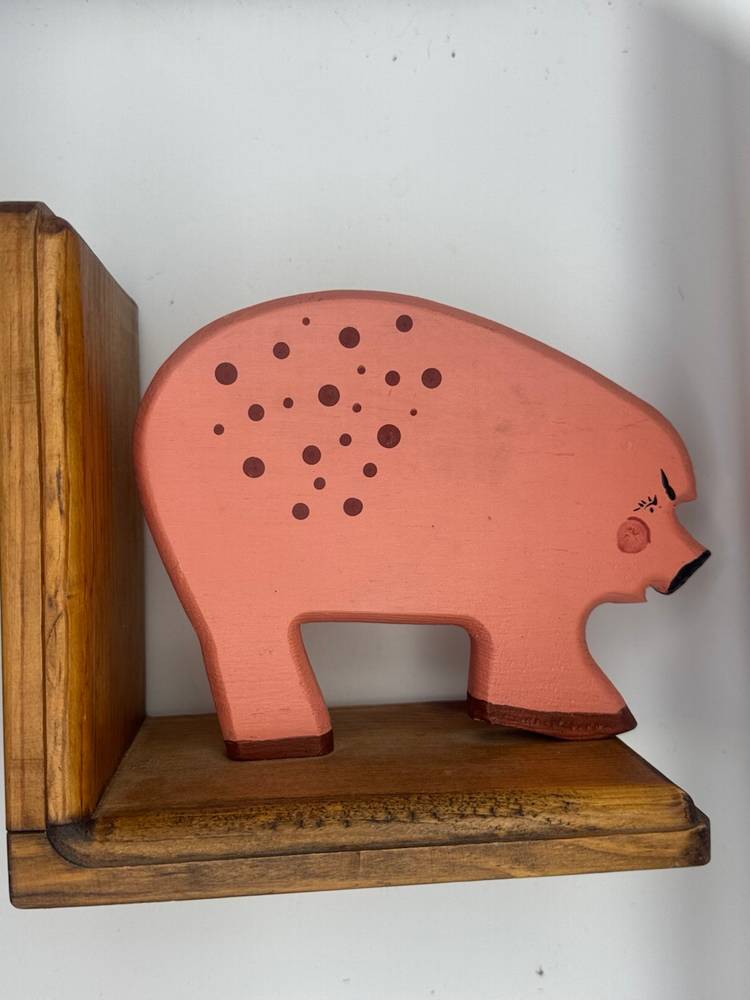 Hand Made Wooden Bookends - Folk Art Pigs 6.75”x6.75”
