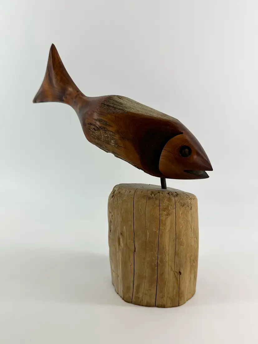 Folk Art Wood Carved Fish On Driftwood Signed R. Brandt 1992