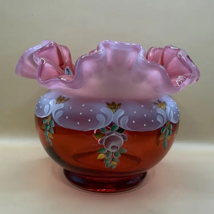 Fenton Charleton Collection Hand Painted Cranberry Opalescent Glass Large Rose Bowl 4.5x5.5”