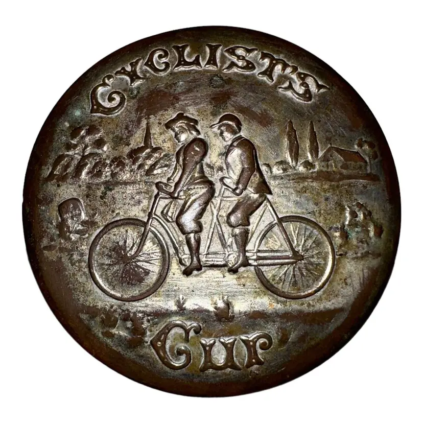 VINTAGE BICYCLE CUP COLLAPSIBLE CYCLISTS Tandem Travel Embossed Antique 1897 Tin