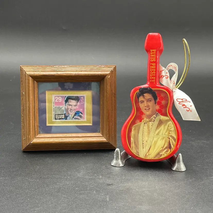 Elvis Framed Stamp Guitar Christmas Ornament Lot of 2 Vintage Memorabilia