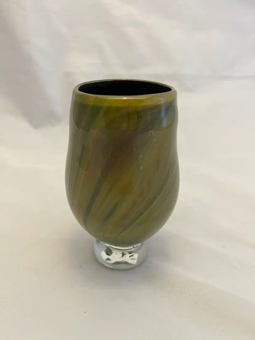 Art Glass Footed Vase, Hand Blown, 5" Army Green, Vintage EUC