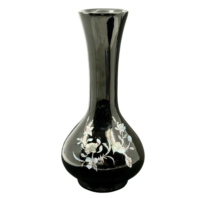 Vintage Bud Vase Asian Black Lacquerware with Abalone Shell Inlay
8” T x 3.5” W