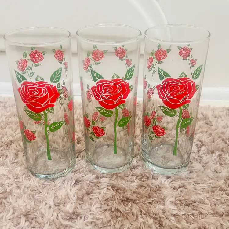 Vintage Anchor Hocking Red Rose 6.5 Inch Highball Iced Tea Glasses Set of 3