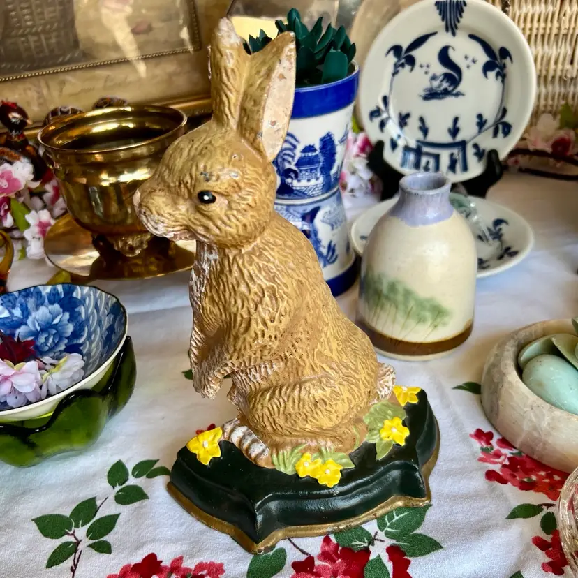 Vintage Cast Iron Hand Painted Bunny Door Stop 10” x 7”