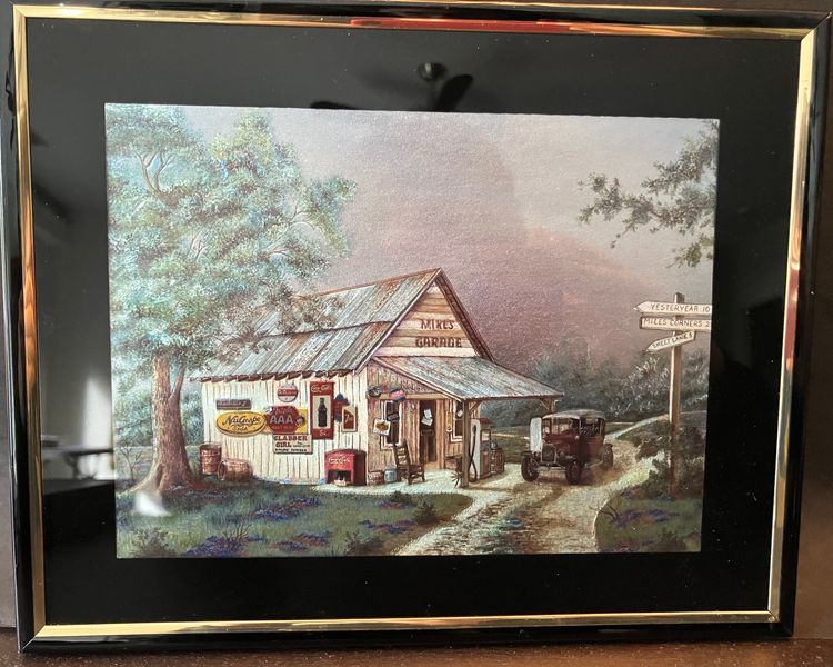 VTG COCA COLA PICTURE MIKES GARAGE COUNTRY MATTED FRAMED FOIL PRINT