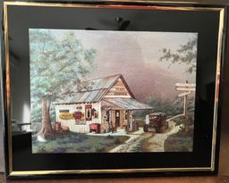 VTG COCA COLA PICTURE MIKES GARAGE COUNTRY MATTED FRAMED FOIL PRINT