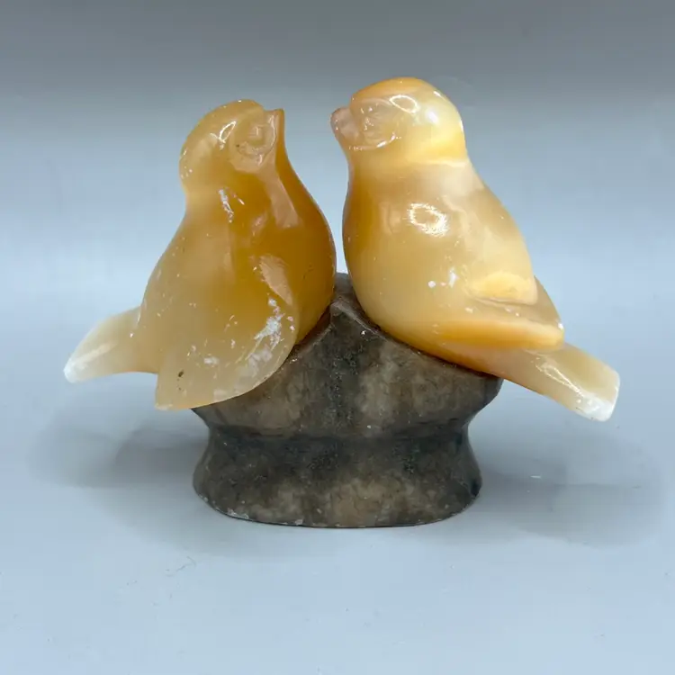 Vintage Russian Carved Gypsum Selenite Marble Stone Love Birds Figurine 3”